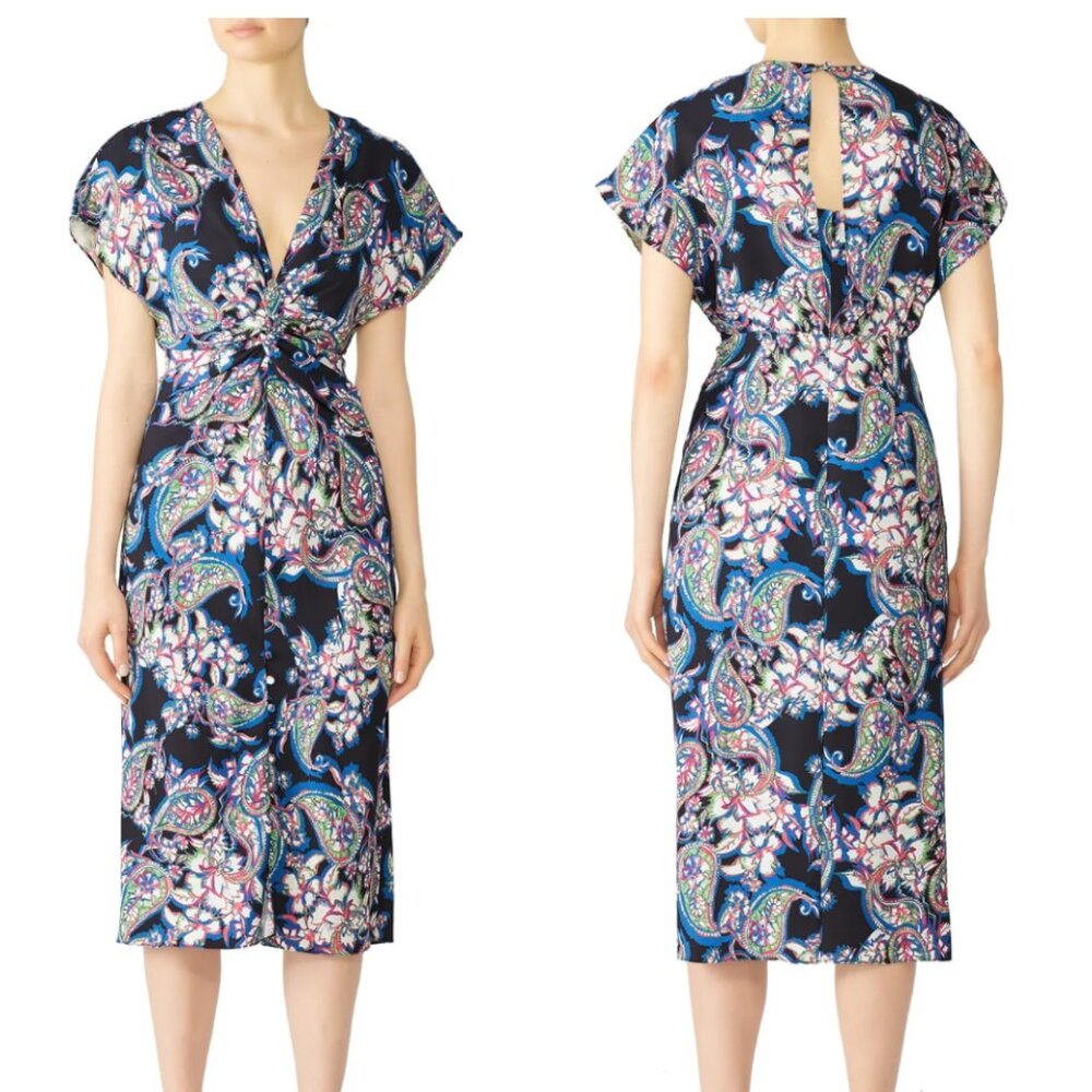 Designer Prabal Gurung Jackie Knot Front Floral Silk Midi Dress Size 16, crepe
